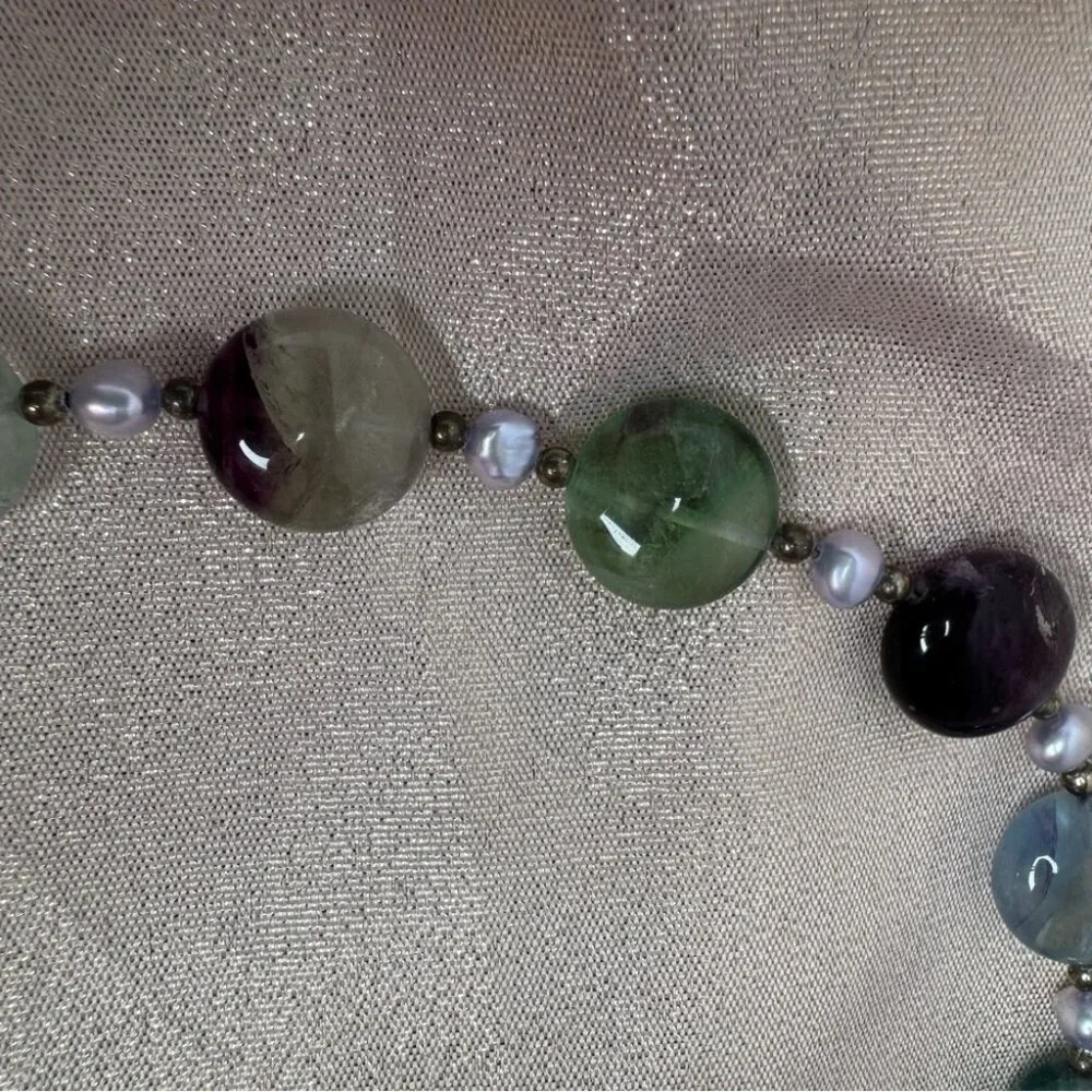 Fluorite necklace toggle beaded purple green blue crystal geode rock luxe